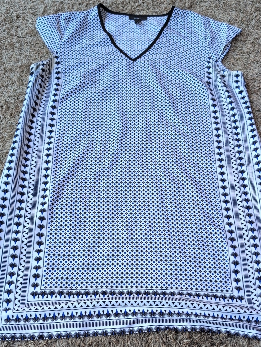 Alfani White Top with Black Trim and Blue Pattern